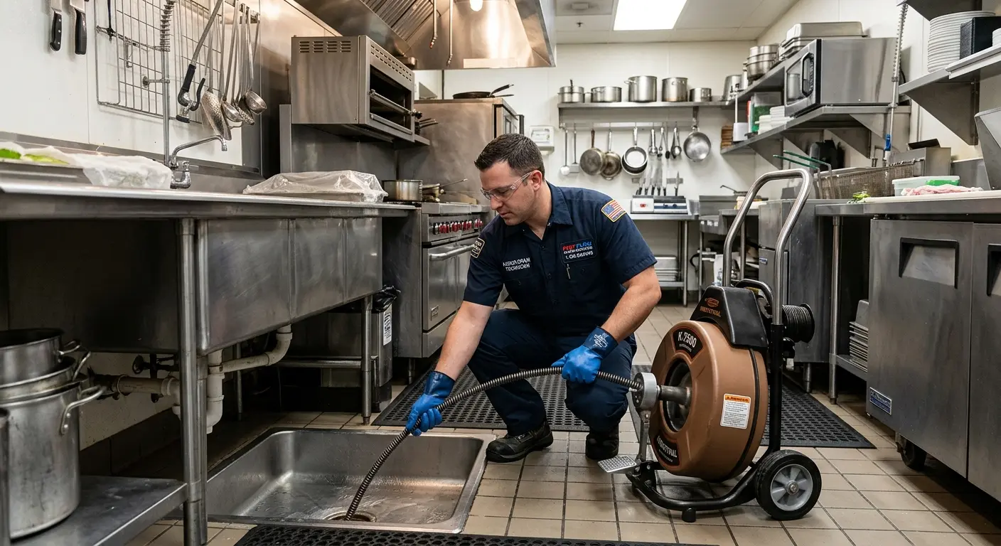 Commercial drain cleaning service in a restaurant kitchen in Alum Rock
