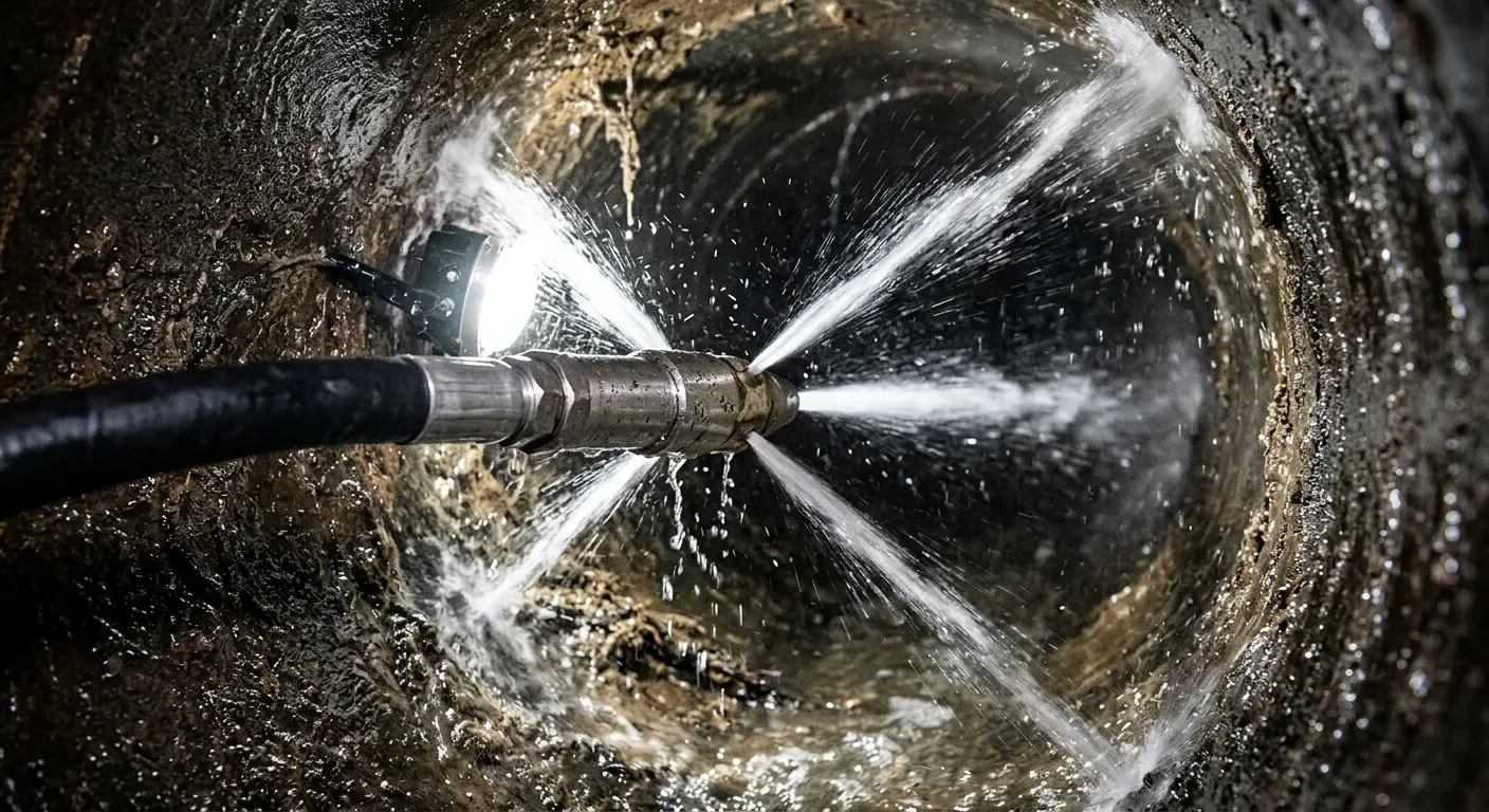 High-pressure hydro jetting nozzle cleaning sewer pipe for Sewer Cleanout in Alum Rock