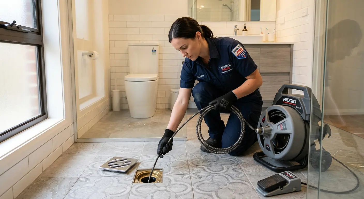 Technician clearing a bathroom floor drain for Drain Cleaning in Alum Rock